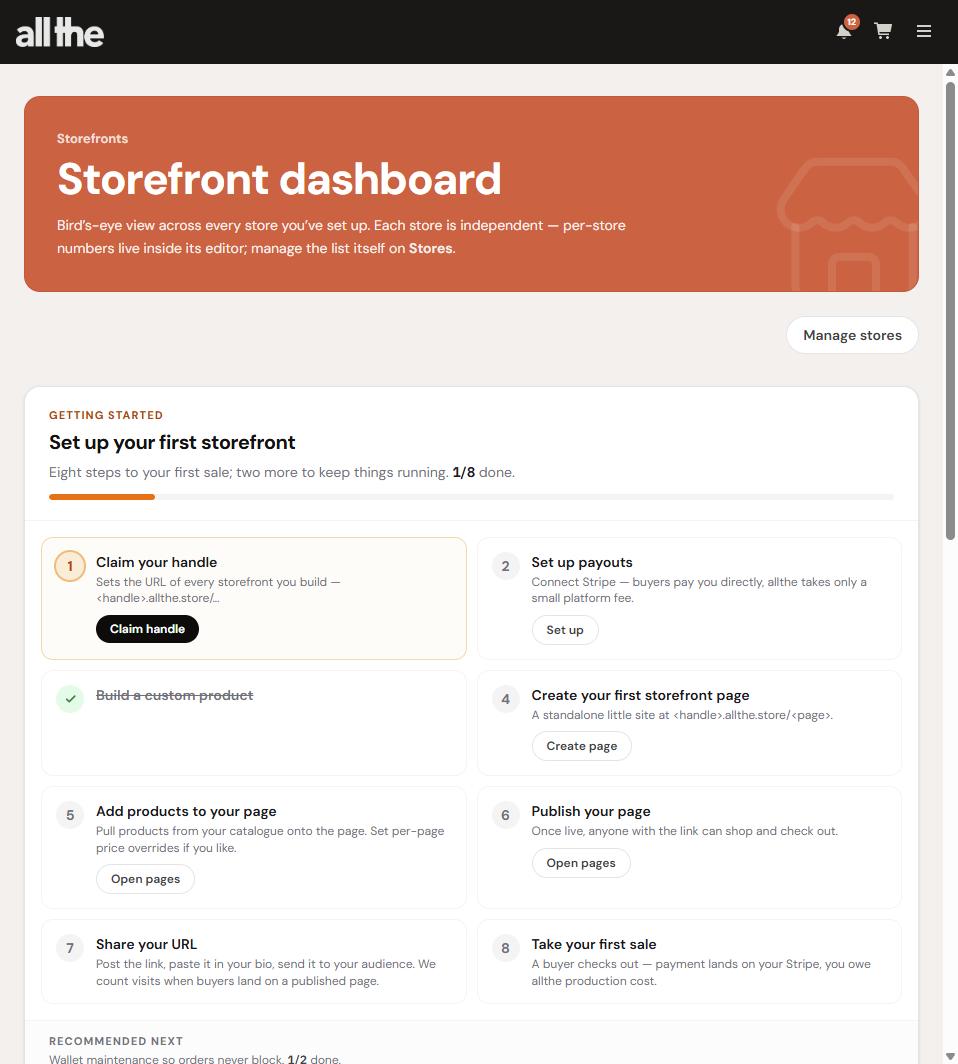 The allthe storefront dashboard, showing the eight step getting started checklist with Claim your handle highlighted as the current step.