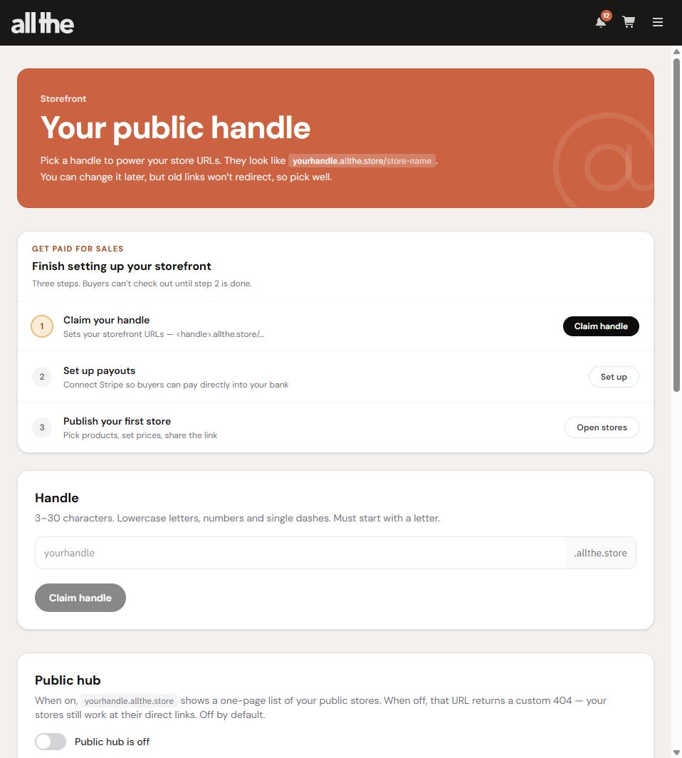 The Your public handle screen in the allthe admin, with the handle field, the .allthe.store suffix, and the public hub toggle below it.