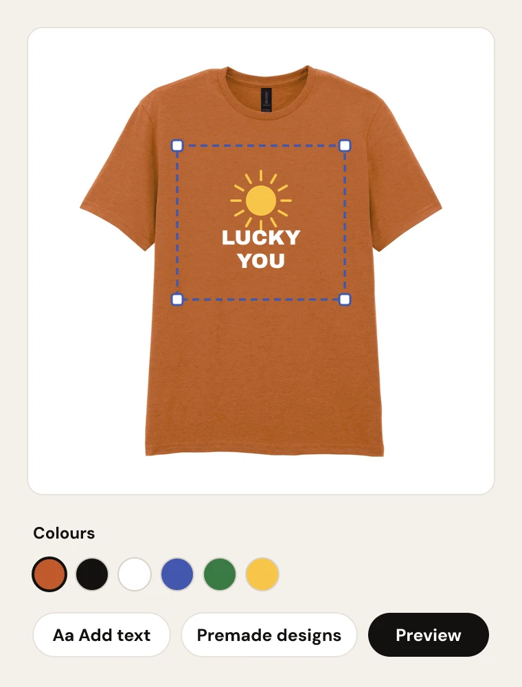 Design builder placing artwork on a t-shirt, with colour swatches and text tools