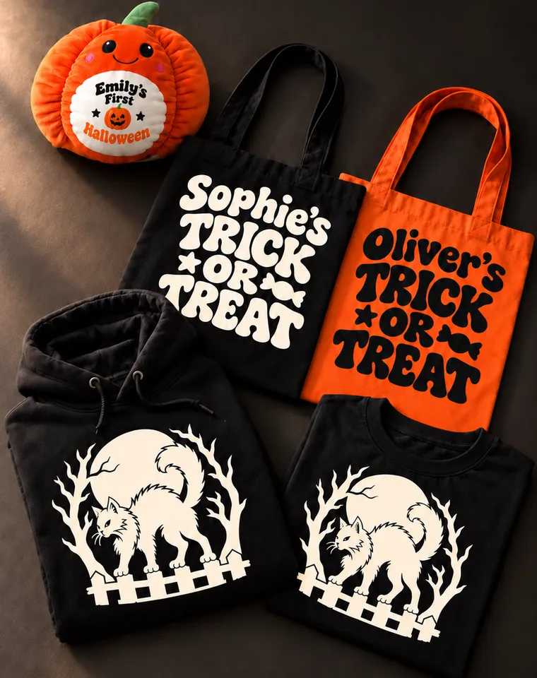 A personalised pumpkin plush, black and orange trick or treat totes, and a black hoodie and t-shirt printed with a cat design