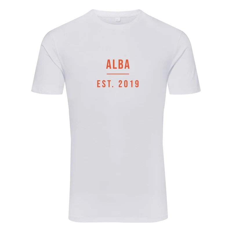 White t-shirt personalised with Alba est. 2019