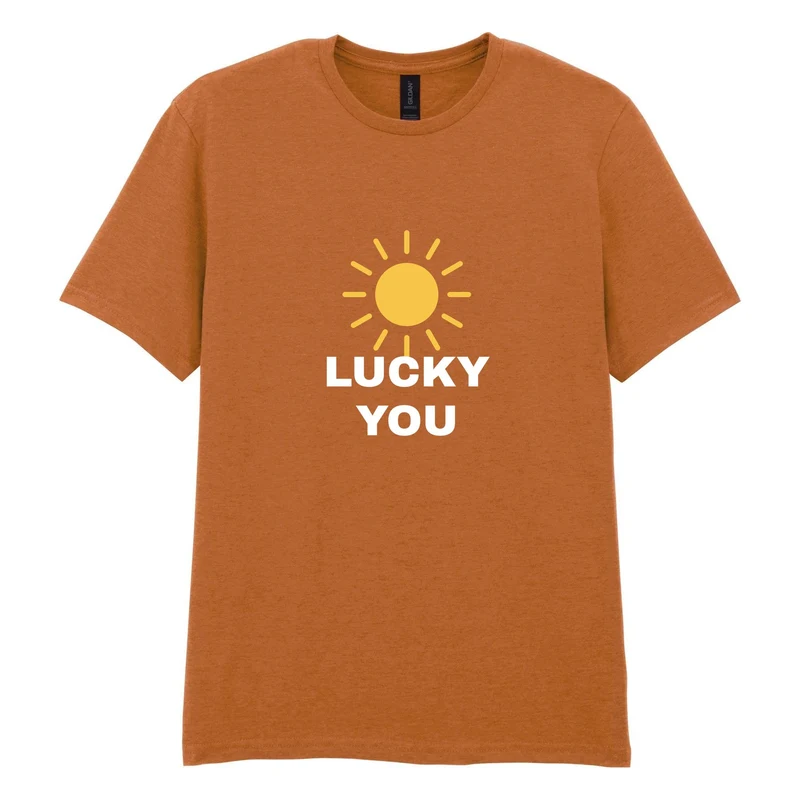 Orange t-shirt printed with a sun and Lucky You